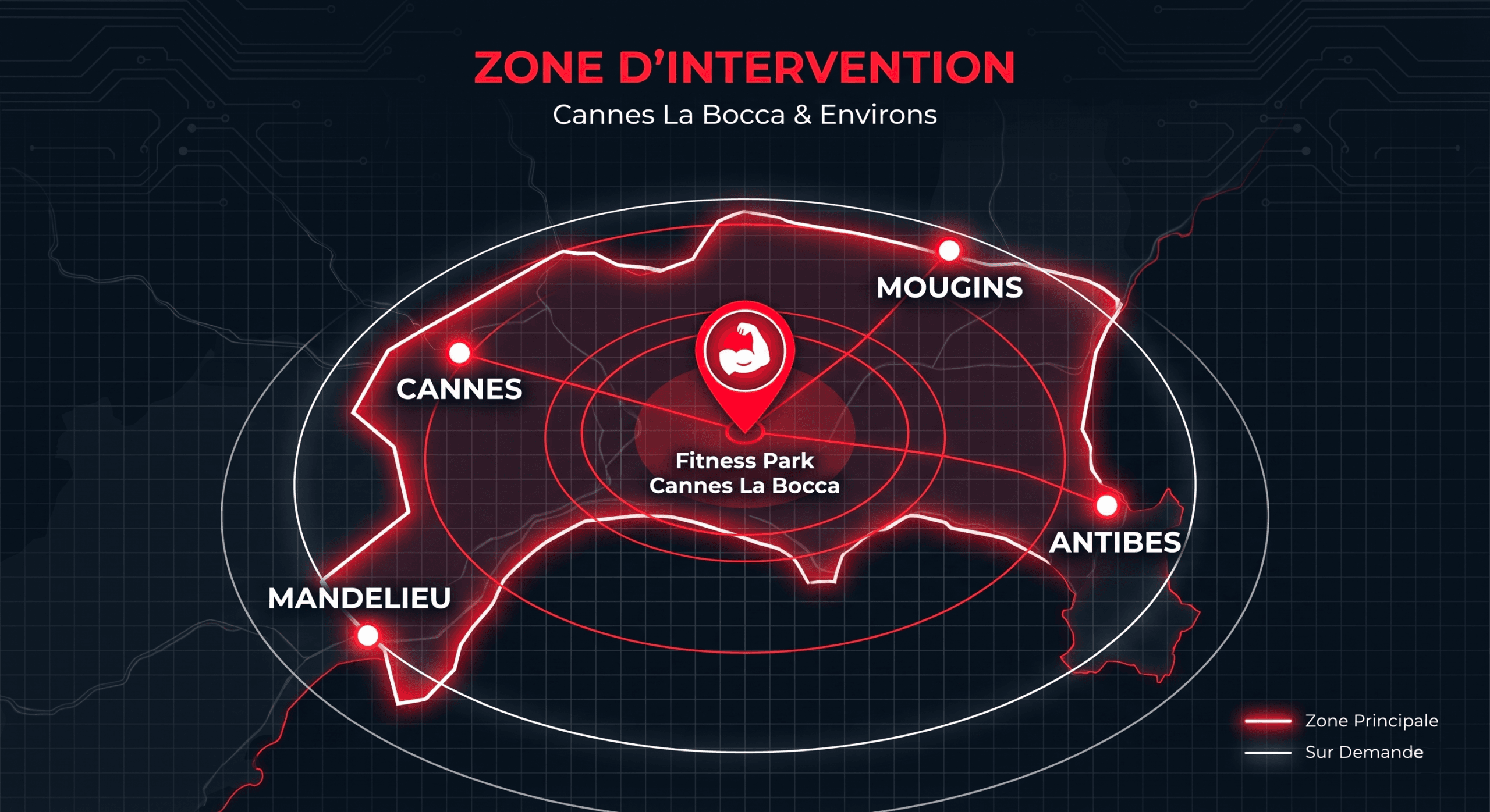 Carte - Zone intervention coaching sportif Cannes en entreprise Carte indiquant la zone d'intervention en entreprise du coach sportif autour de Cannes La Bocca, incluant les villes de Cannes, Mandelieu, Mougins et Antibes.